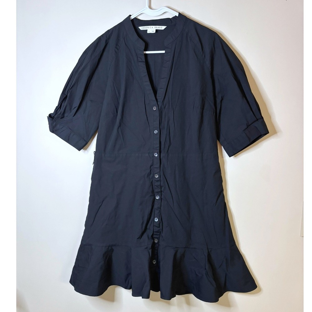 Veronica Beard Molly Dress Black Puff Sleeve Ruffle Hem Button Front NO BELT 14